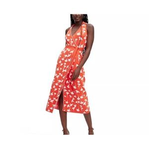 Diane Von Furstenberg Orange Ginkgo Leaf Knit Wrap Midi Dress Large Sleeveless